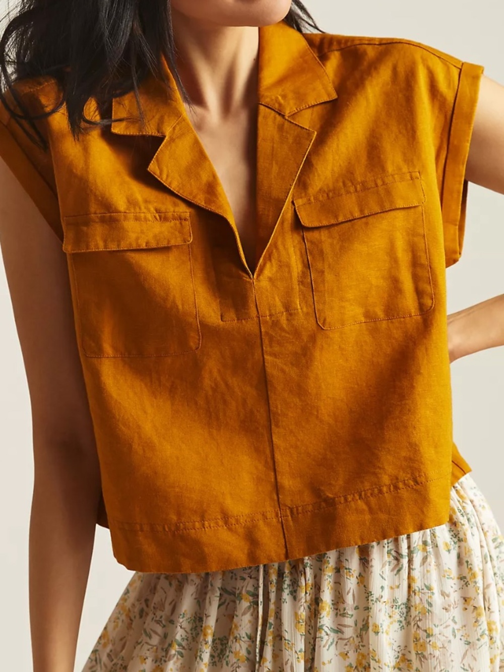Anthropologie Cropped Utility Top Linen Mustard Boxy Utility Boho Shirt Medium